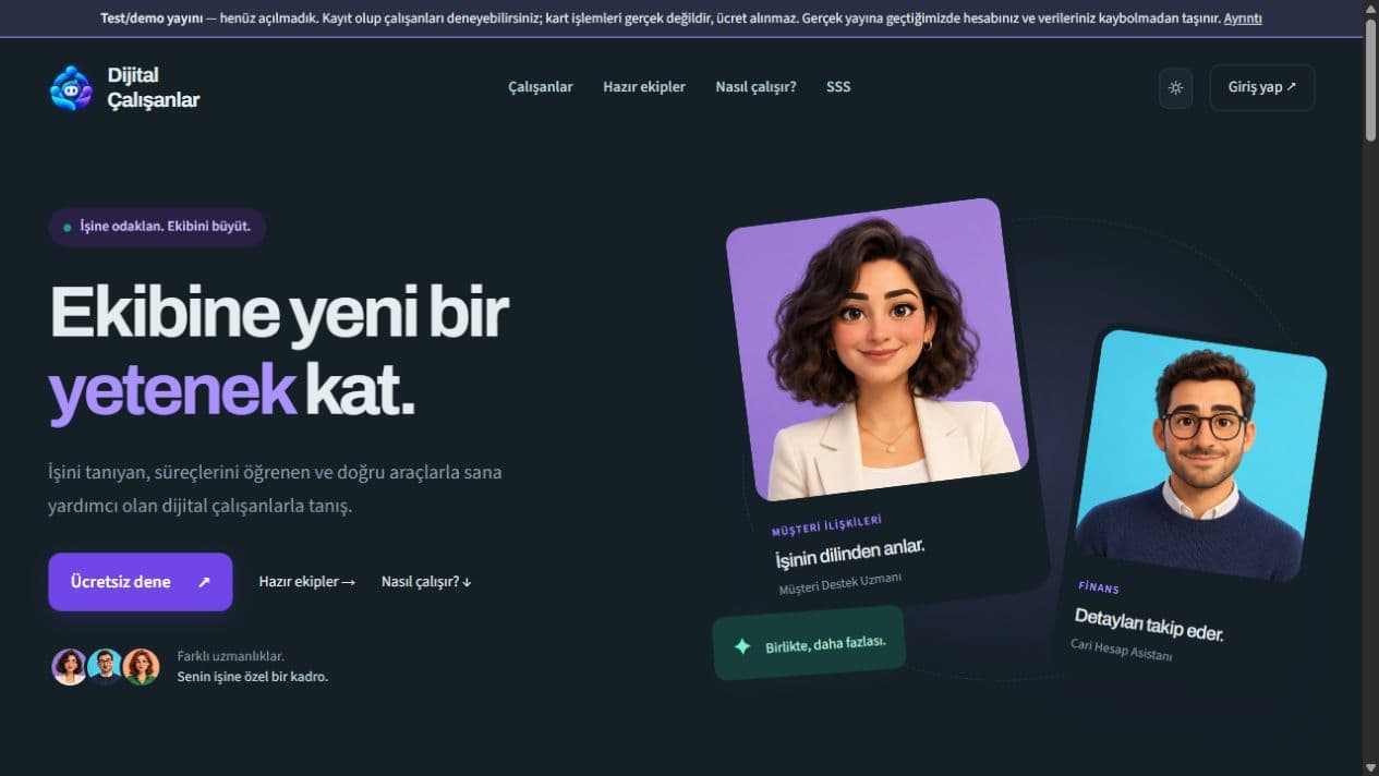Dijital Çalışanlar ürününün gerçek ana sayfası